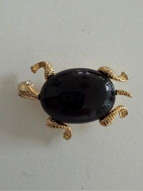 TURTLE Brooch Black and Gold Colour Metal Rhinestone Eyes Minimalist Whimsical